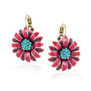 BLUE CRYSTAL PINK ENAMEL FLOWER EARRINGS #281MT3301 (7E4/6C5)