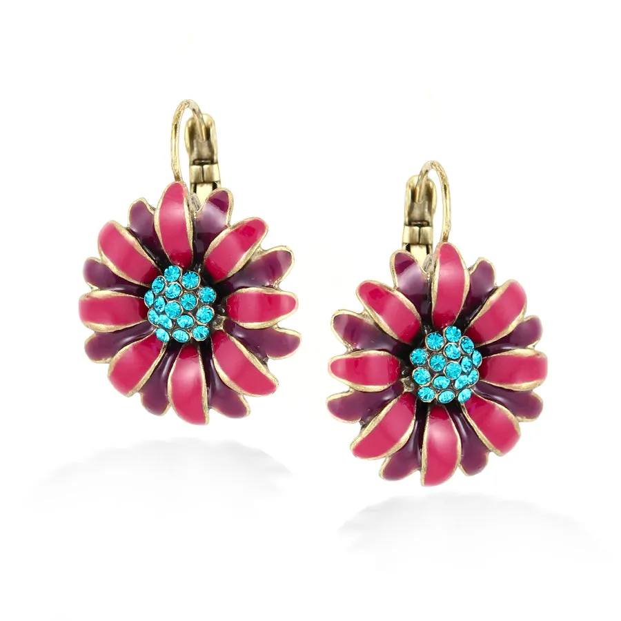 BLUE CRYSTAL PINK ENAMEL FLOWER EARRINGS #281MT3301 (7E4/6C5)