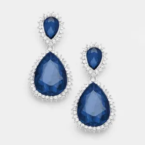 Blue Crystal Rhinestone Teardrop Evening Earrings