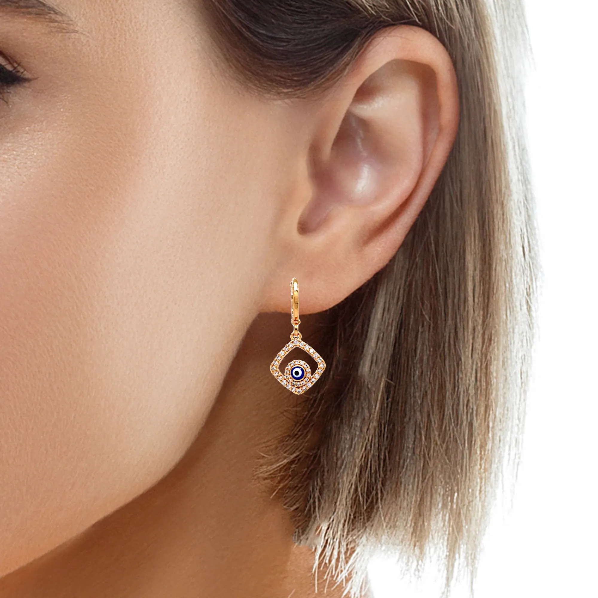 Blue Evil Eye Zirconia stones Dangle huggies Earrings Rose gold filled
