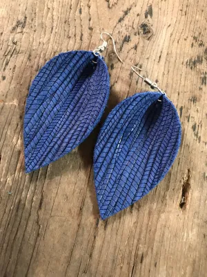 Blue palm leaf textured leather earring