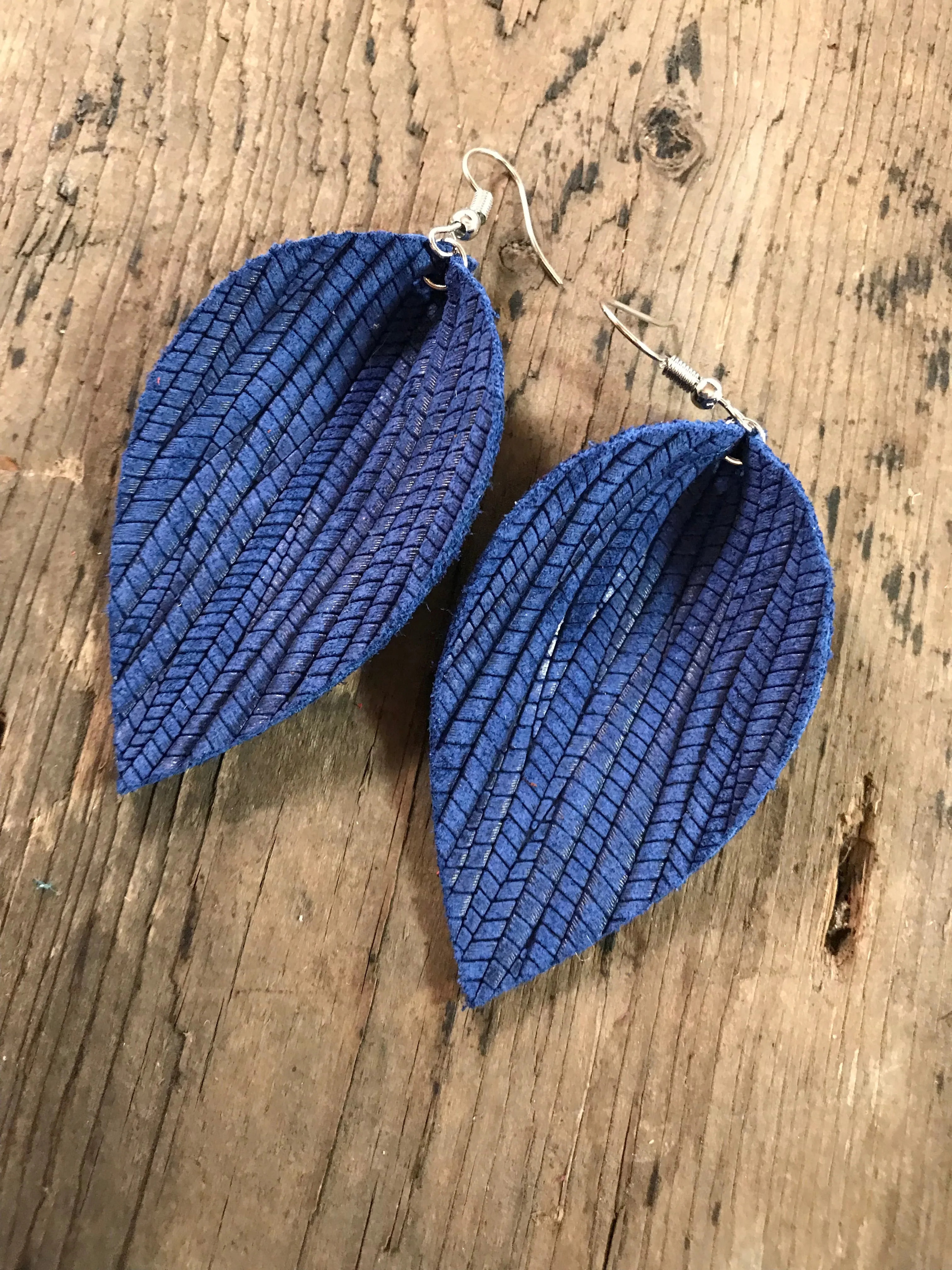 Blue palm leaf textured leather earring