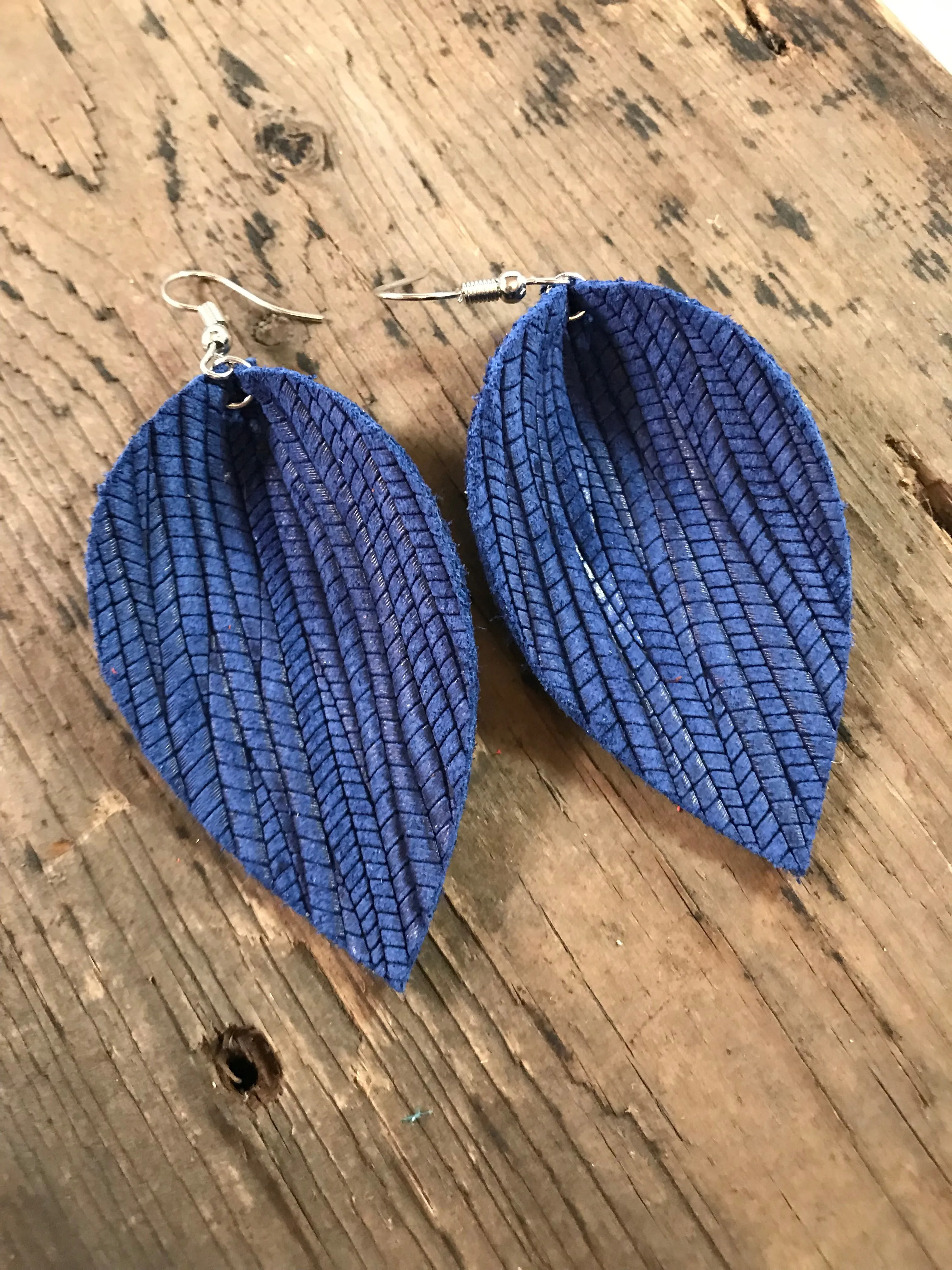 Blue palm leaf textured leather earring
