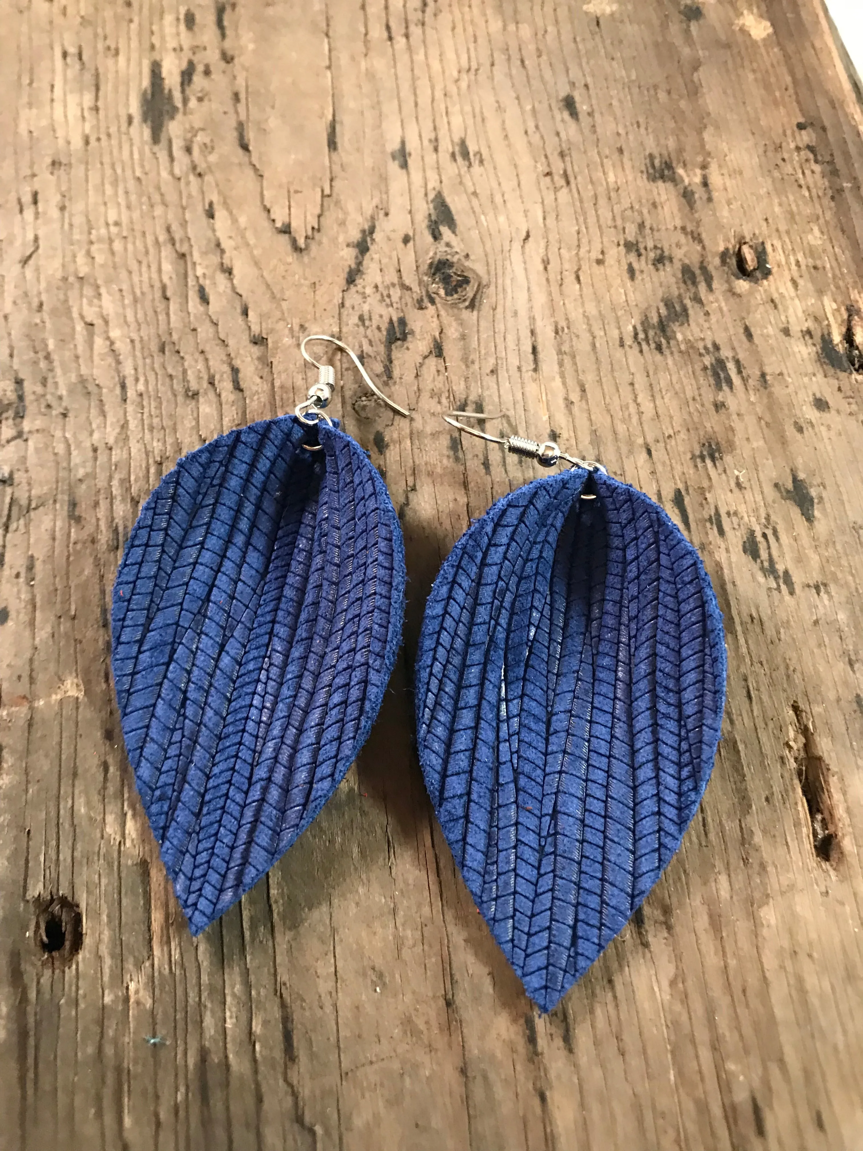 Blue palm leaf textured leather earring