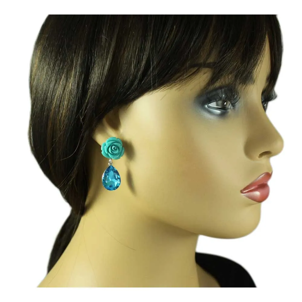 Blue Rose with Dangling Blue Teardrop Pierced Earring - REC421