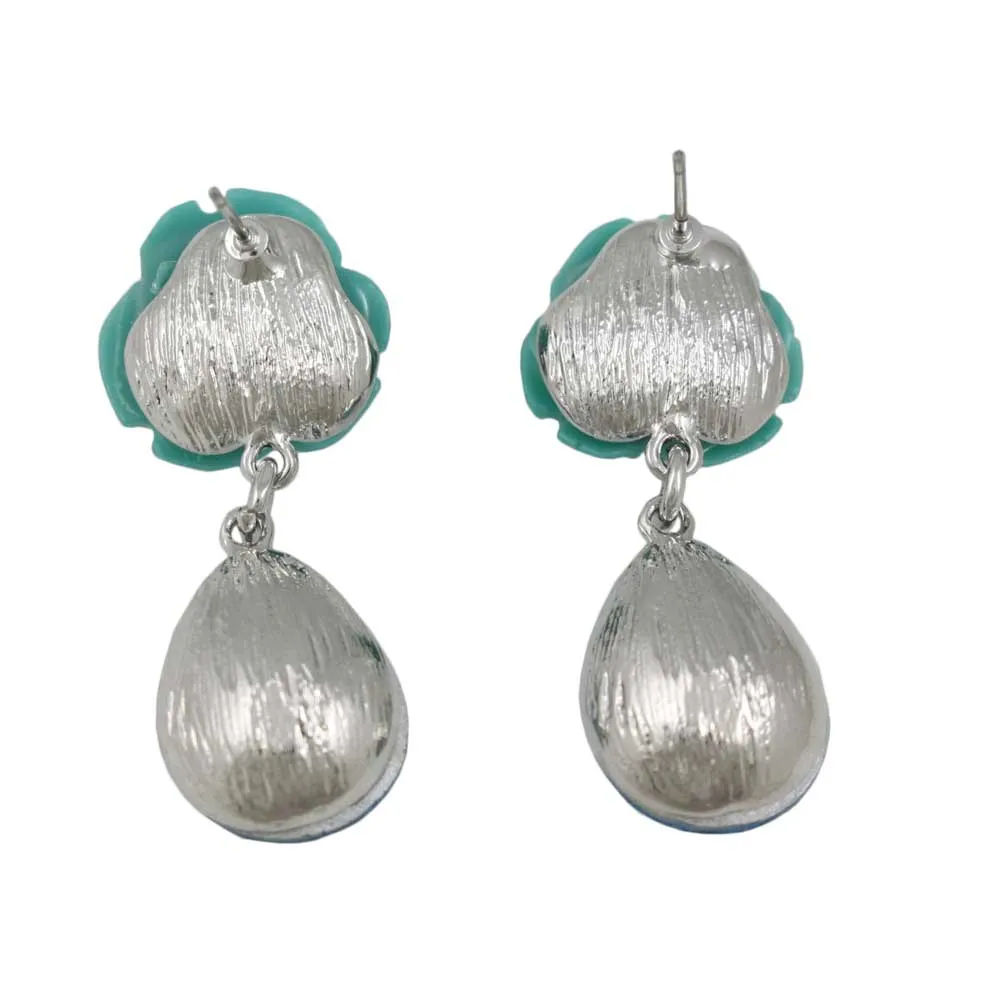 Blue Rose with Dangling Blue Teardrop Pierced Earring - REC421