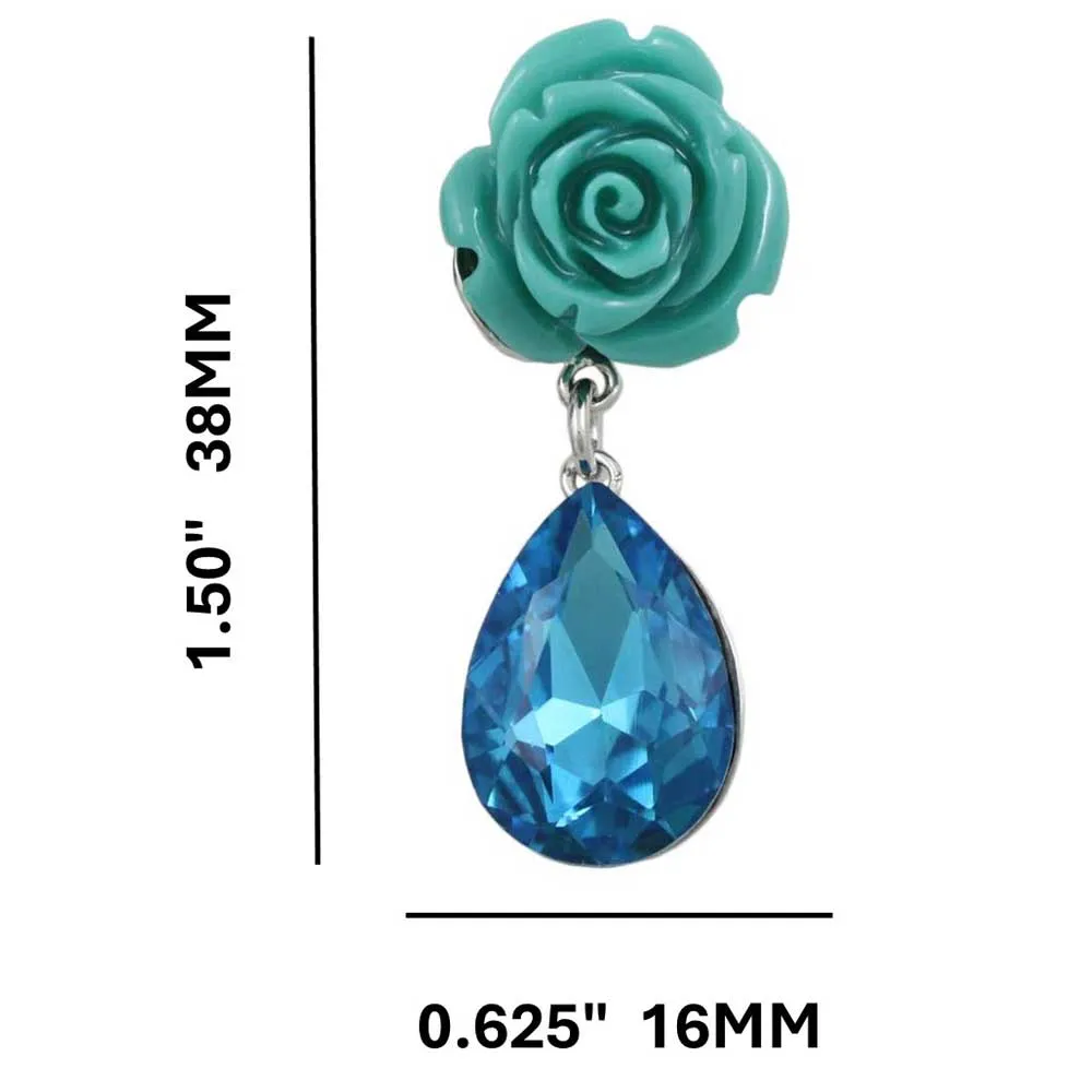 Blue Rose with Dangling Blue Teardrop Pierced Earring - REC421
