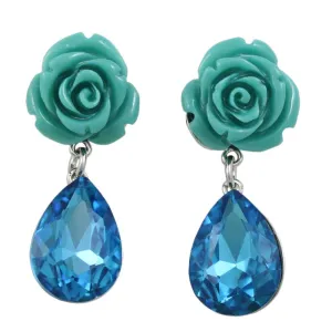 Blue Rose with Dangling Blue Teardrop Pierced Earring - REC421