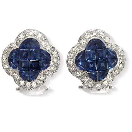 Blue Sapphire & Round Pave Diamond Earrings, 18k White Gold
