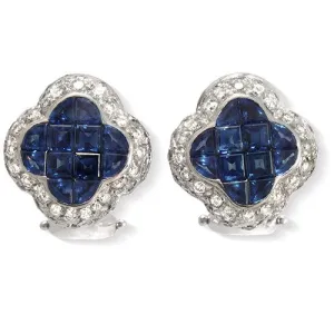 Blue Sapphire & Round Pave Diamond Earrings, 18k White Gold