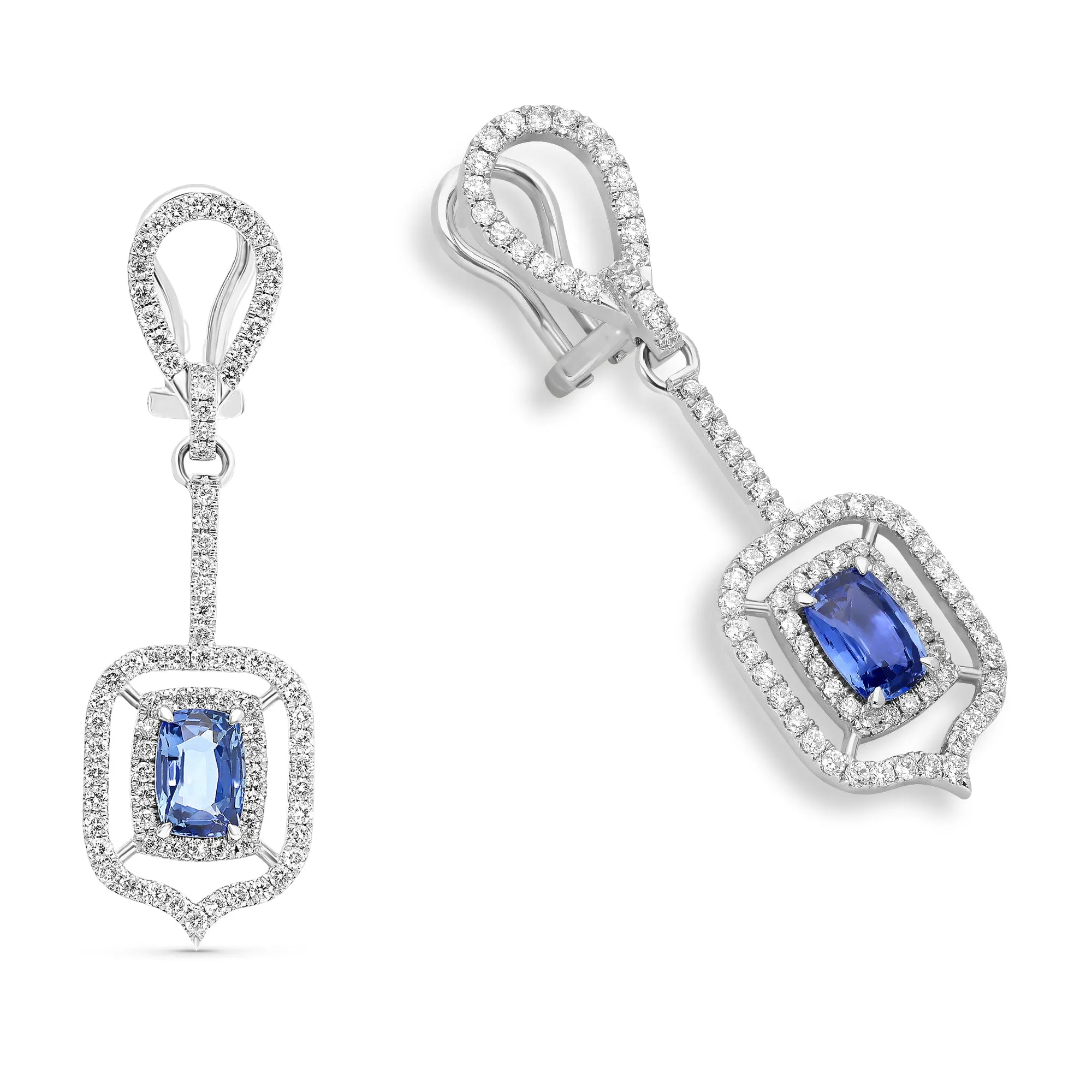Blue Sapphire and Diamond Dangling Earrings - 4 Carat