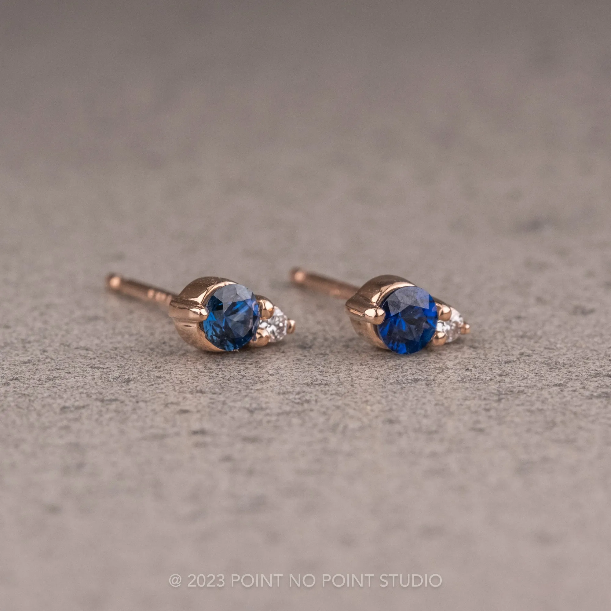 Blue Sapphire and Diamond Studs, 14k Rose Gold Earrings