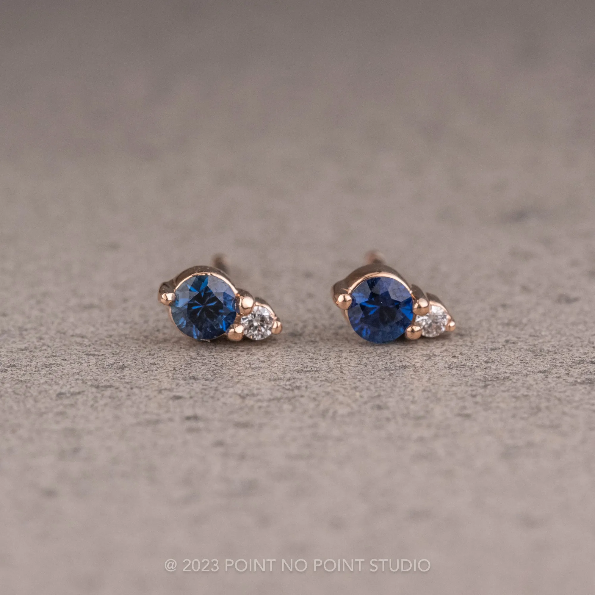 Blue Sapphire and Diamond Studs, 14k Rose Gold Earrings