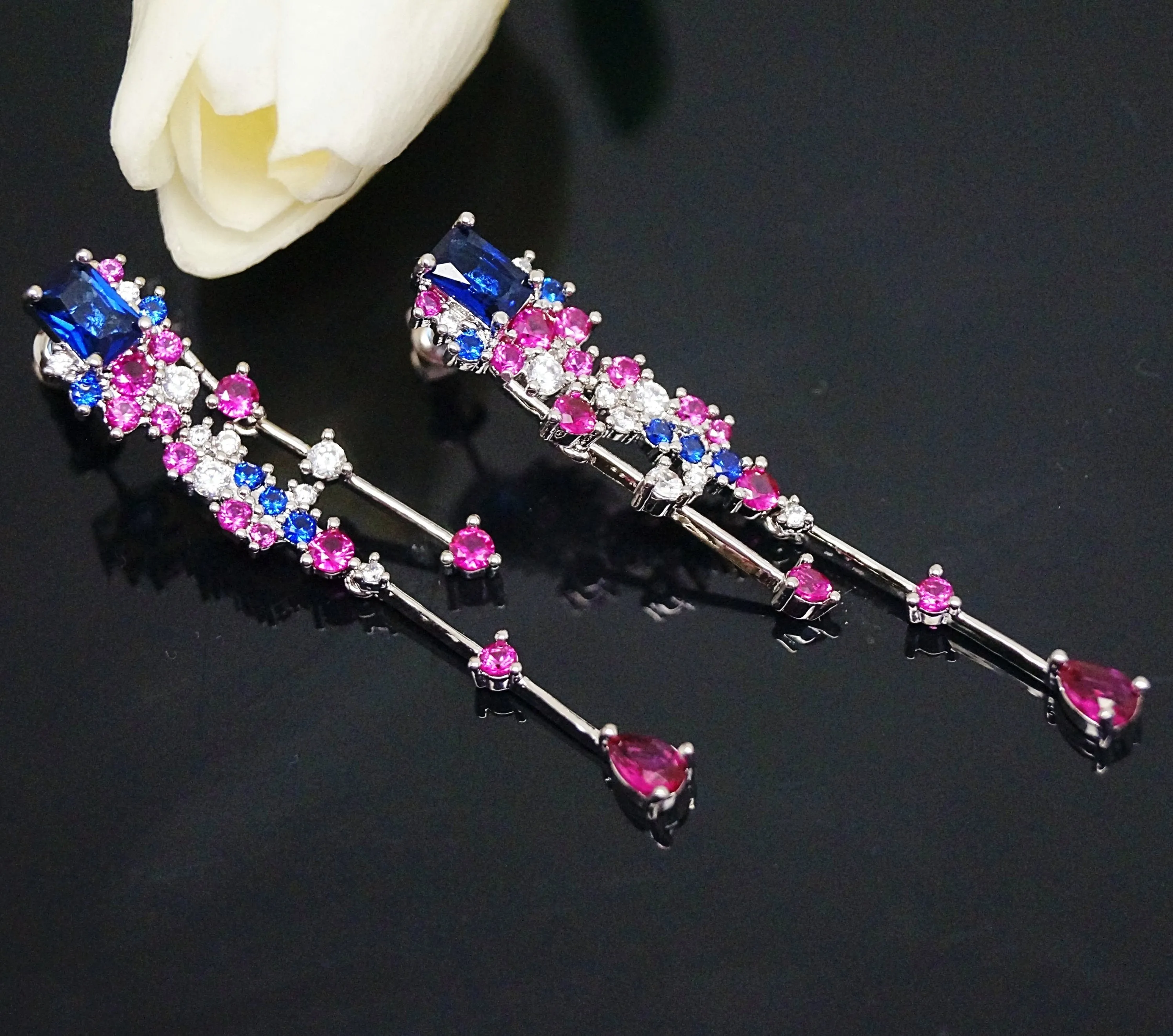 Blue Sapphire Ruby Dangle Earrings