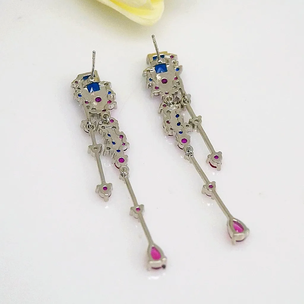 Blue Sapphire Ruby Dangle Earrings