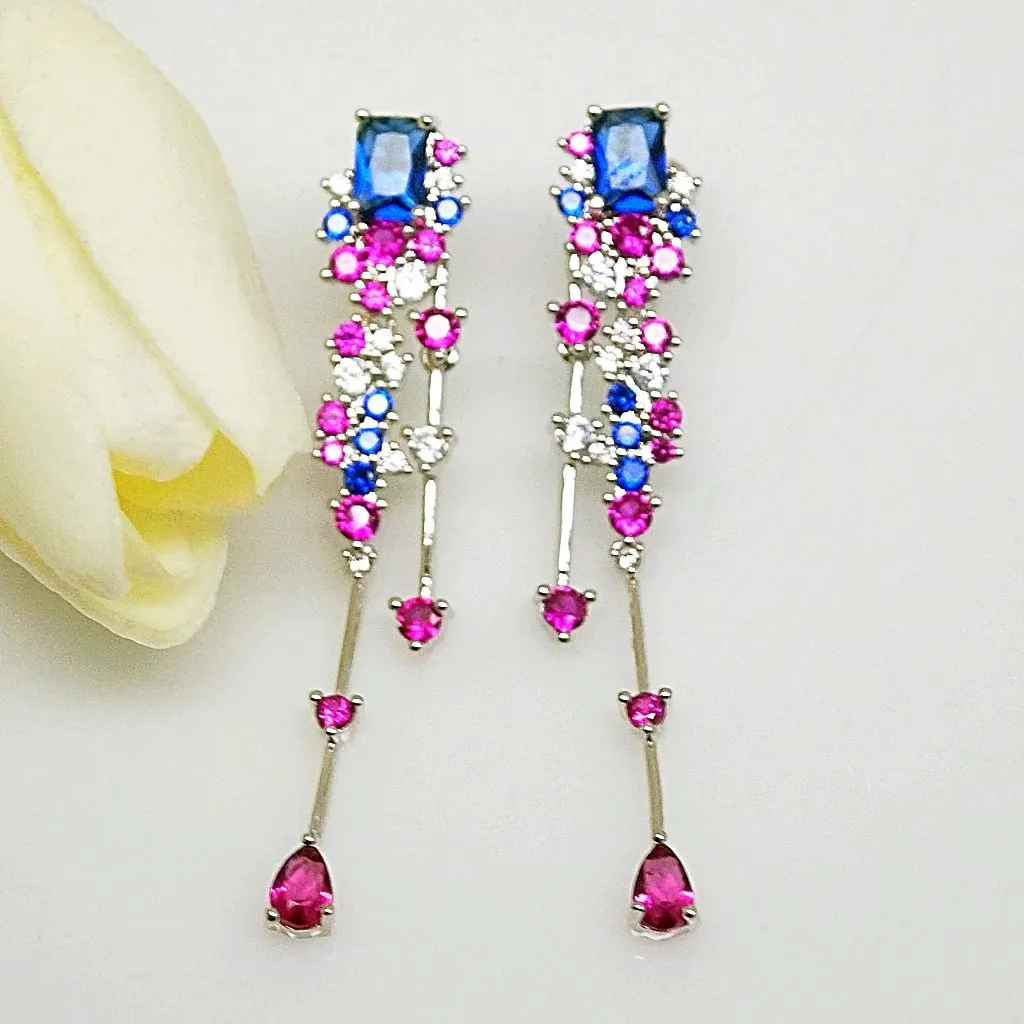 Blue Sapphire Ruby Dangle Earrings