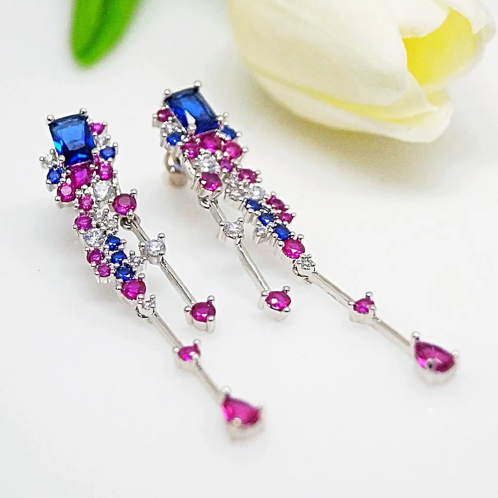 Blue Sapphire Ruby Dangle Earrings