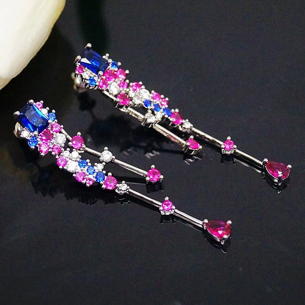 Blue Sapphire Ruby Dangle Earrings