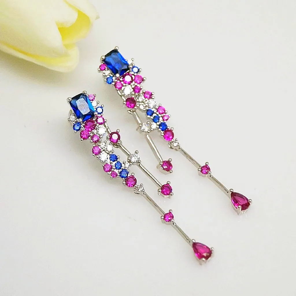 Blue Sapphire Ruby Dangle Earrings