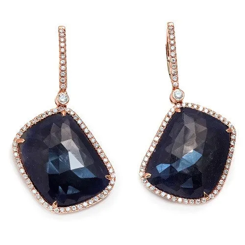 Blue Sapphire Slice &  Diamond Earrings, 14k Rose Gold