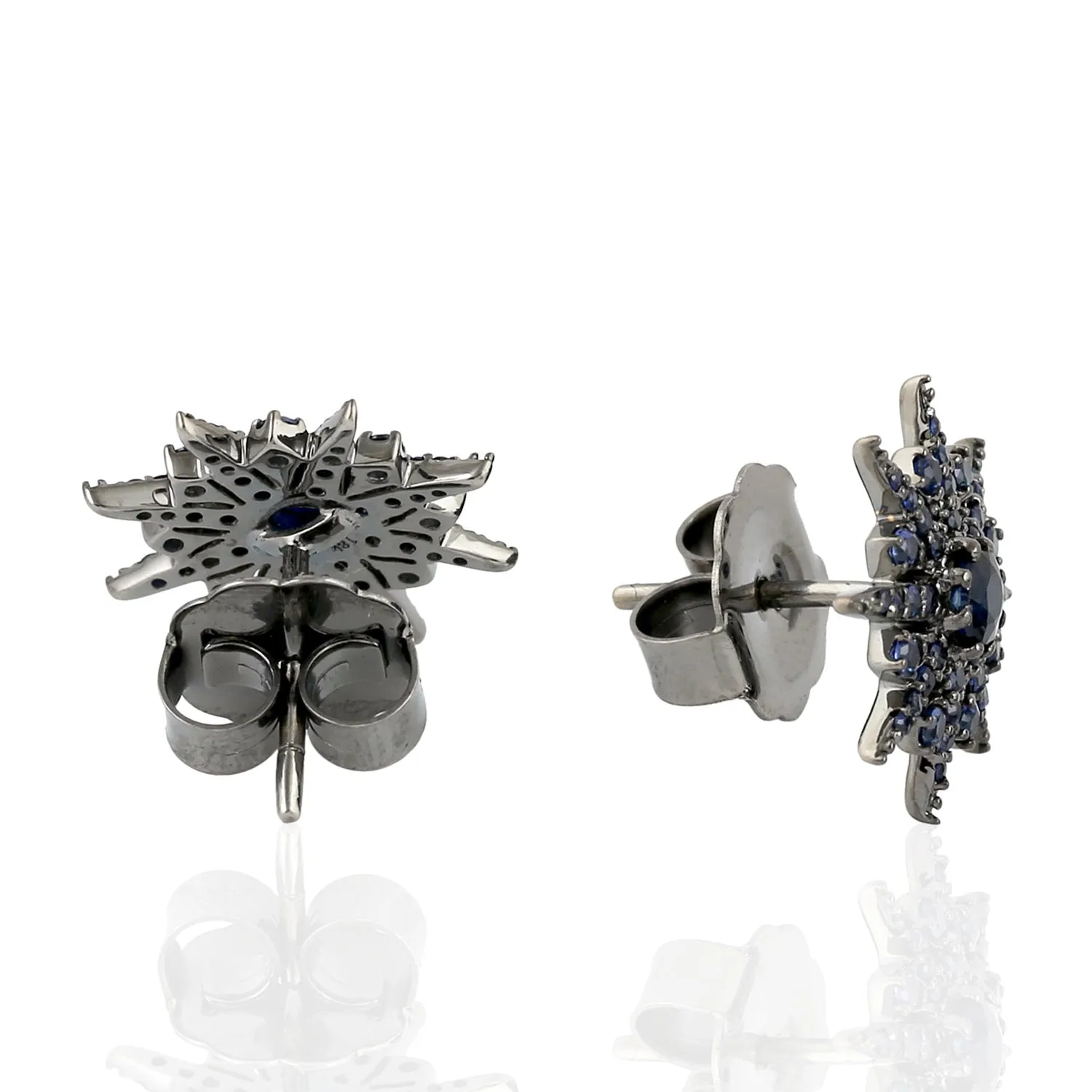 Blue Sapphire Star Burst Stud Earrings In 18k Oxidized Gold