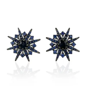 Blue Sapphire Star Burst Stud Earrings In 18k Oxidized Gold