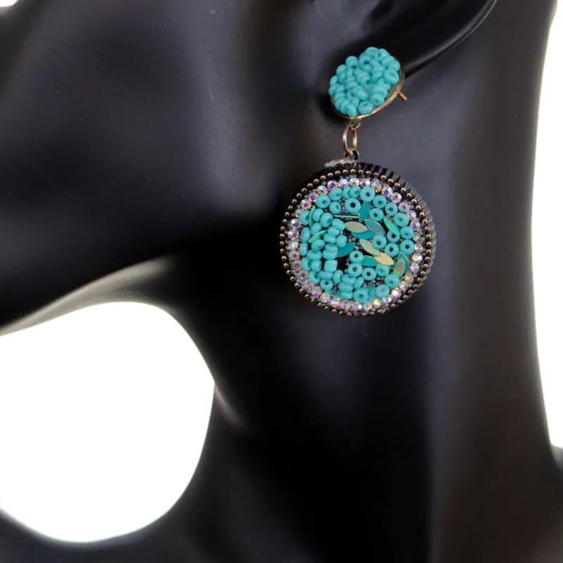 Blue Seed Bead Round Flat Disc Earrings
