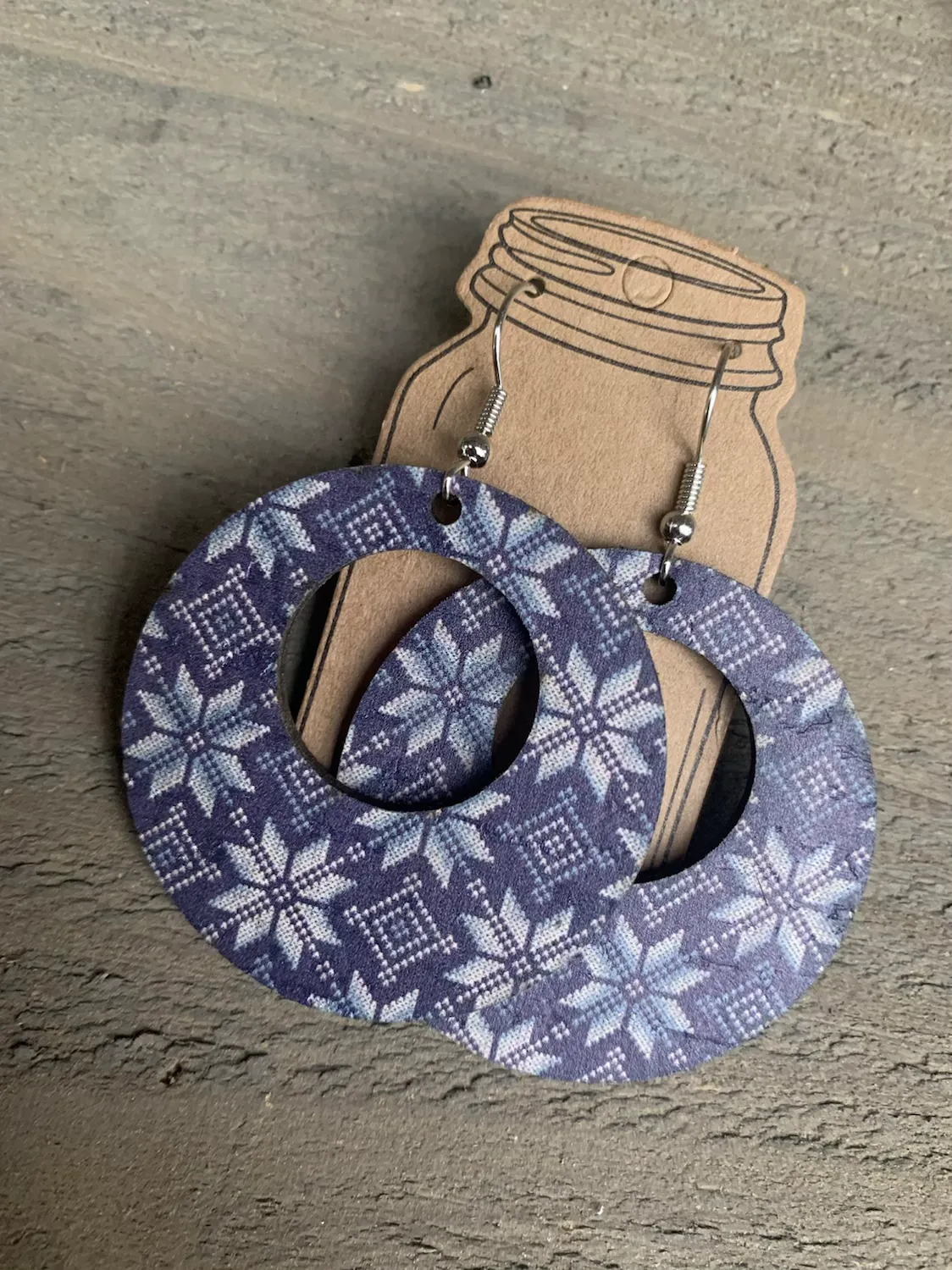 Blue Snowflake Sweater Print Cork Leather Earring