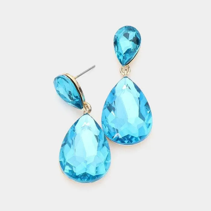 Blue Zircon Crystal Double Teardrop Gold Earrings