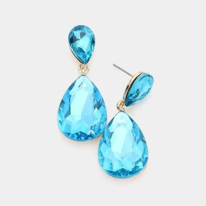 Blue Zircon Crystal Double Teardrop Gold Earrings