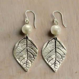 Botanical Pearl Sterling Silver Leaf Earrings - Spring Abstraction.