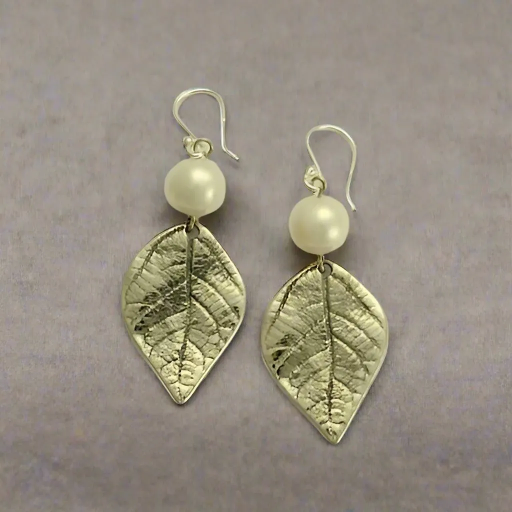 Botanical Pearl Sterling Silver Leaf Earrings - Spring Abstraction.