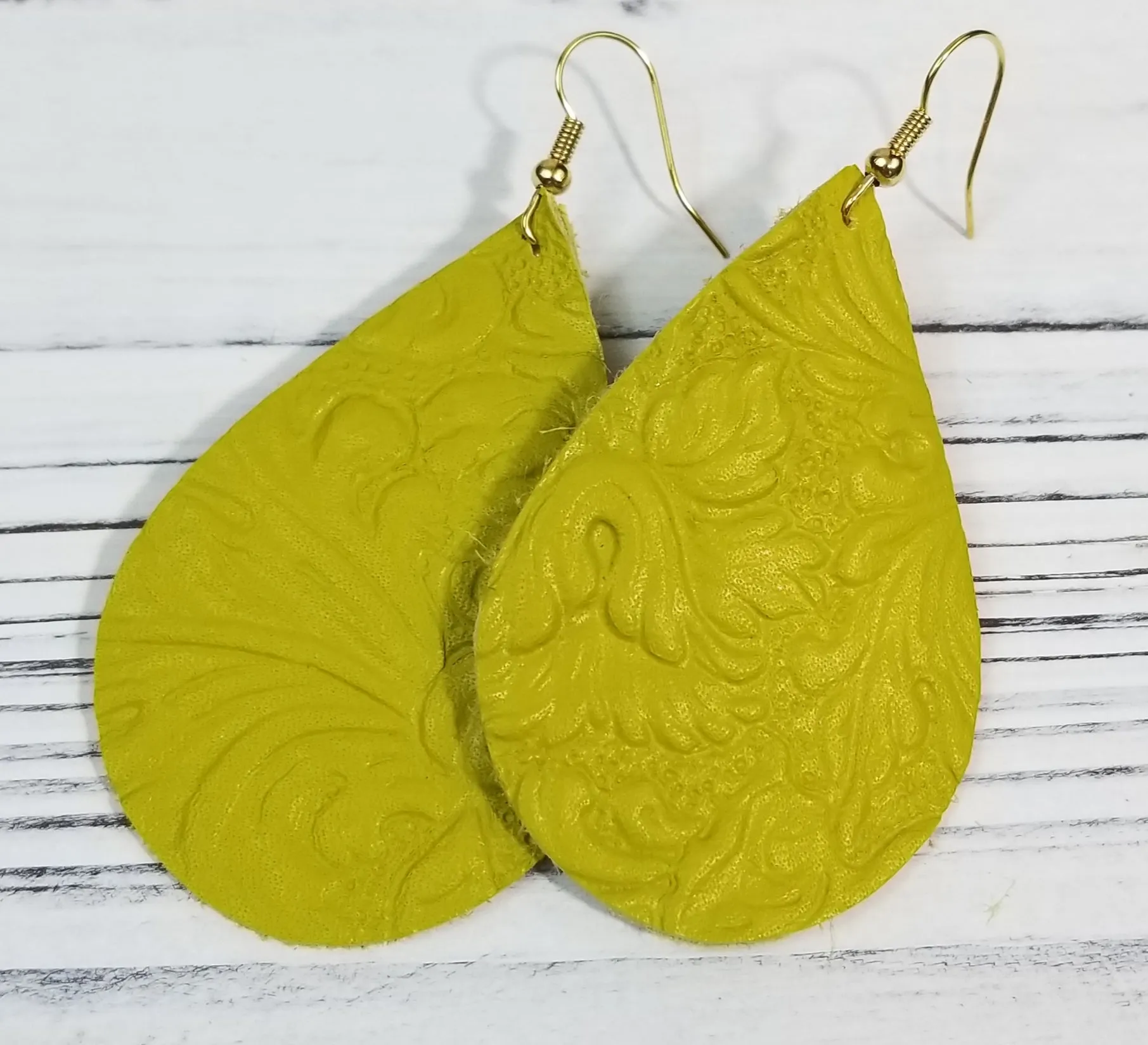 Bright Lemon Lime Floral Teardrop Leather Earrings