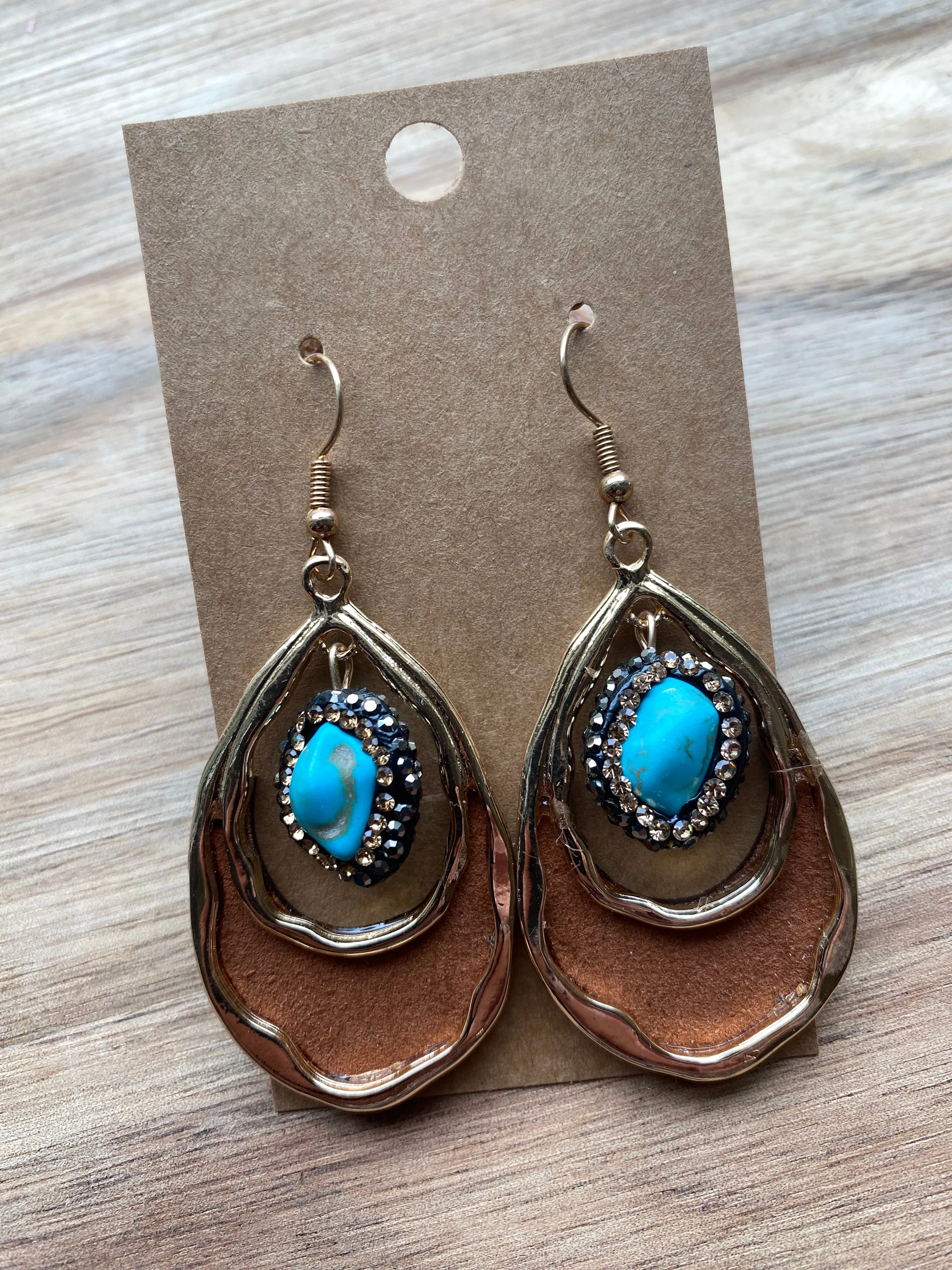 Brown Leather & Turquoise Stone Earrings