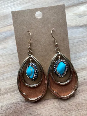 Brown Leather & Turquoise Stone Earrings