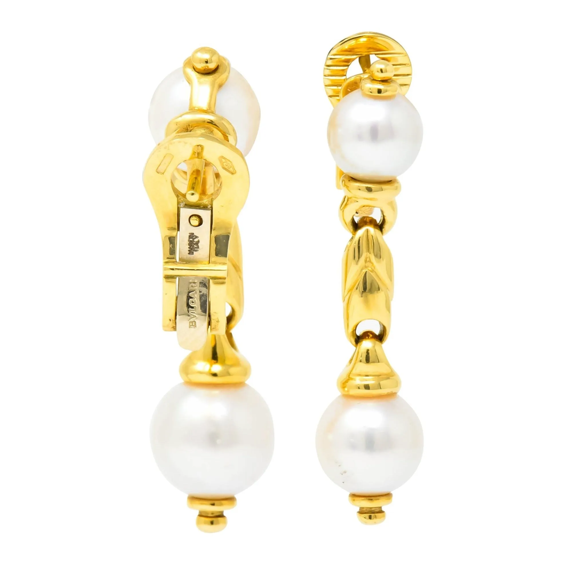Bulgari Cultured Pearl 18 Karat Yellow Gold Drop Earrings Circa 1980