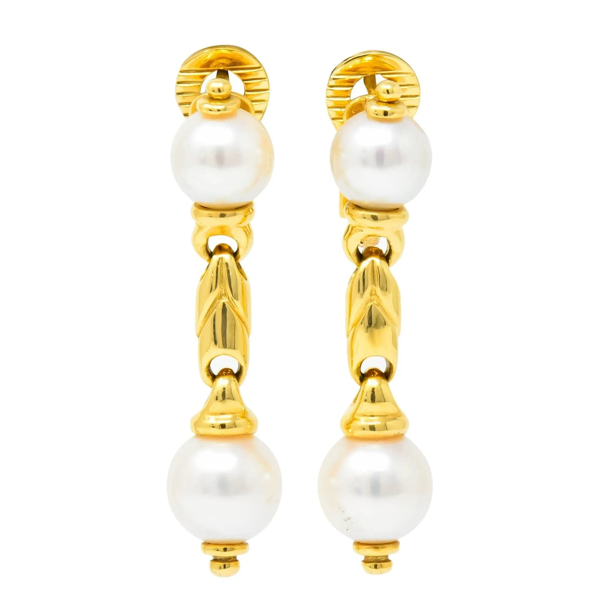 Bulgari Cultured Pearl 18 Karat Yellow Gold Drop Earrings Circa 1980