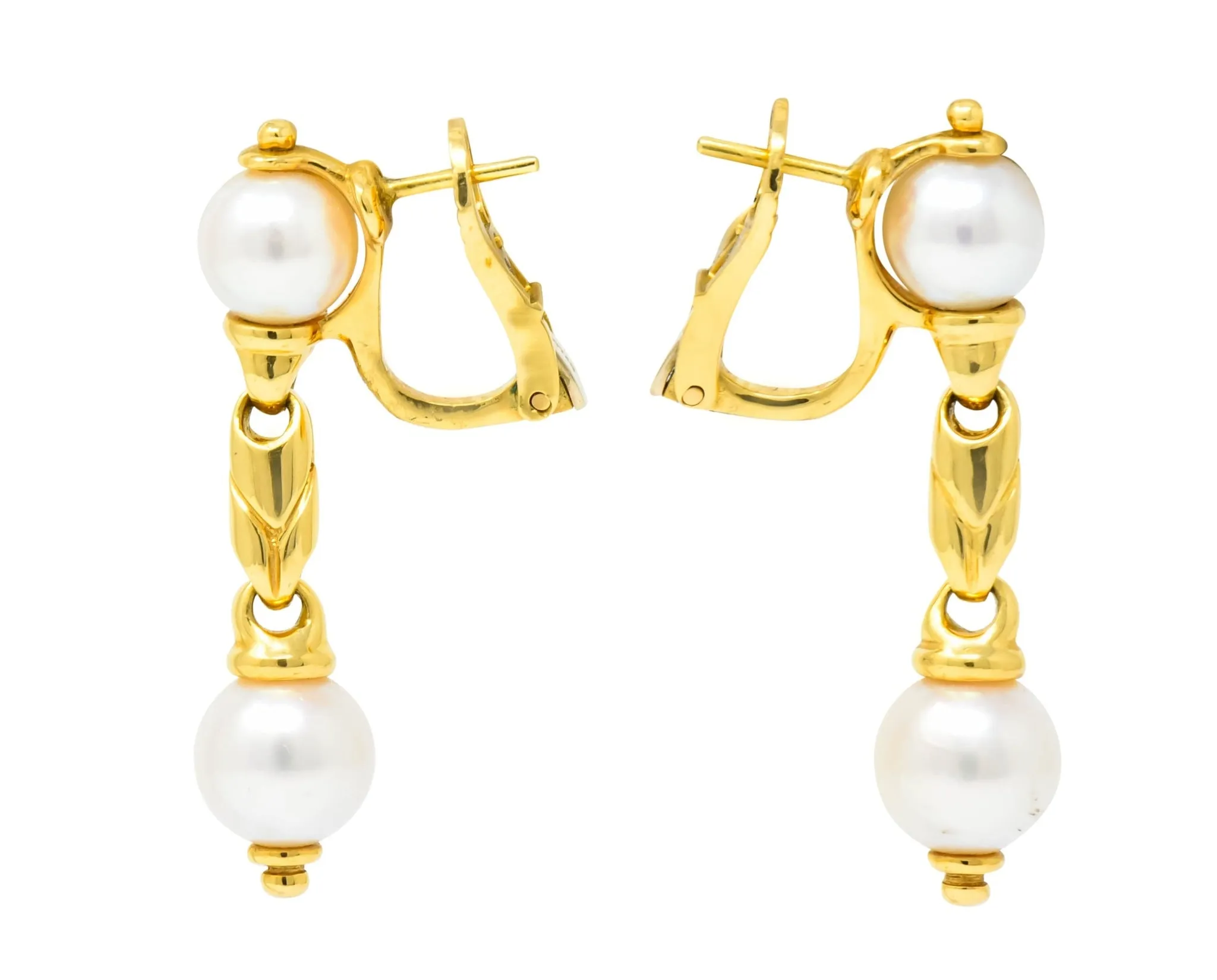 Bulgari Cultured Pearl 18 Karat Yellow Gold Drop Earrings Circa 1980