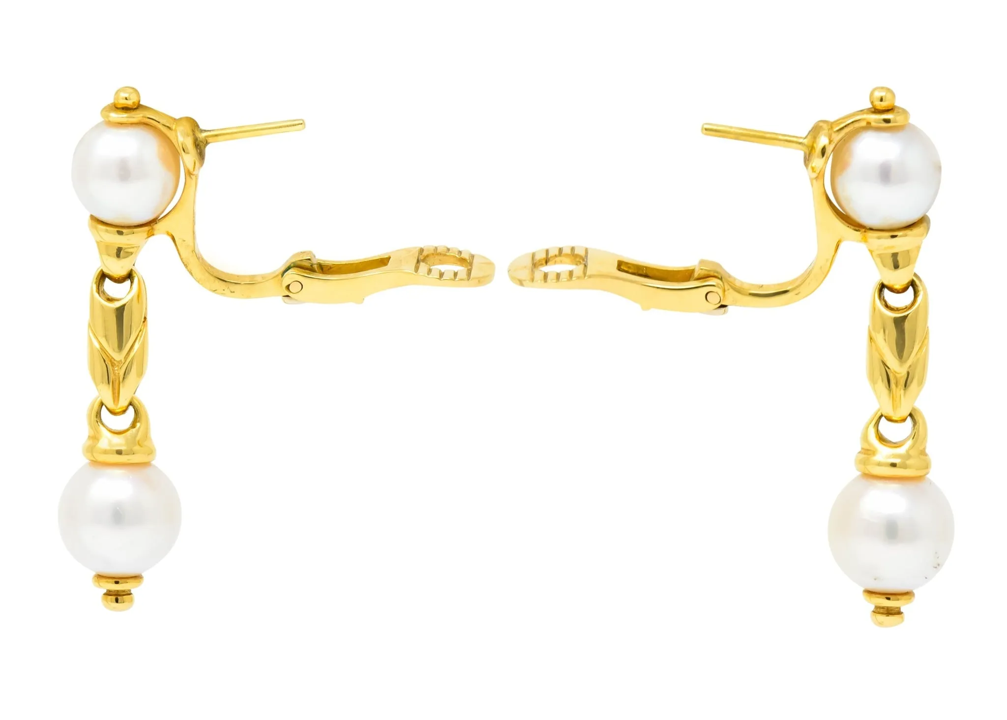 Bulgari Cultured Pearl 18 Karat Yellow Gold Drop Earrings Circa 1980