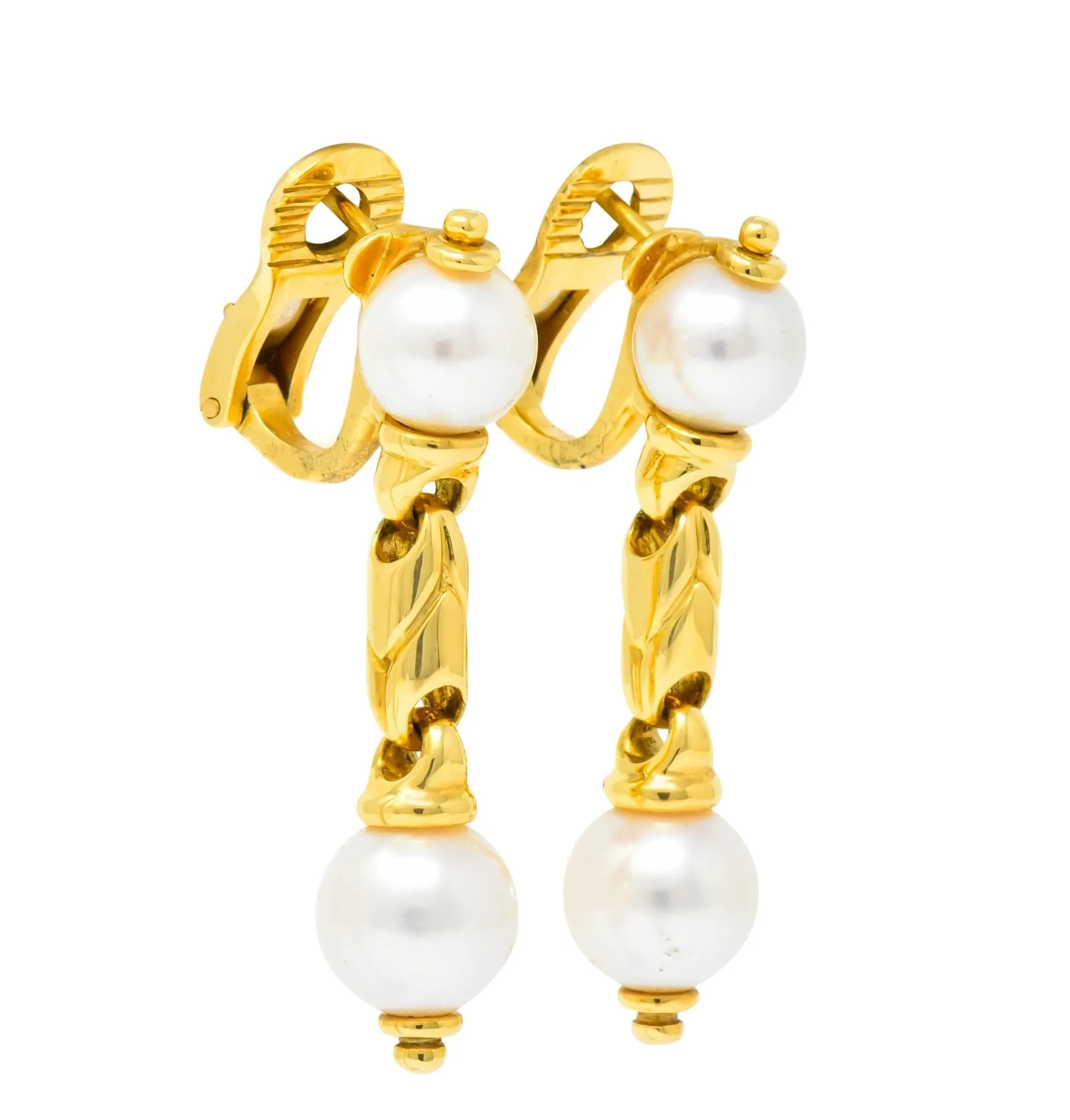 Bulgari Cultured Pearl 18 Karat Yellow Gold Drop Earrings Circa 1980