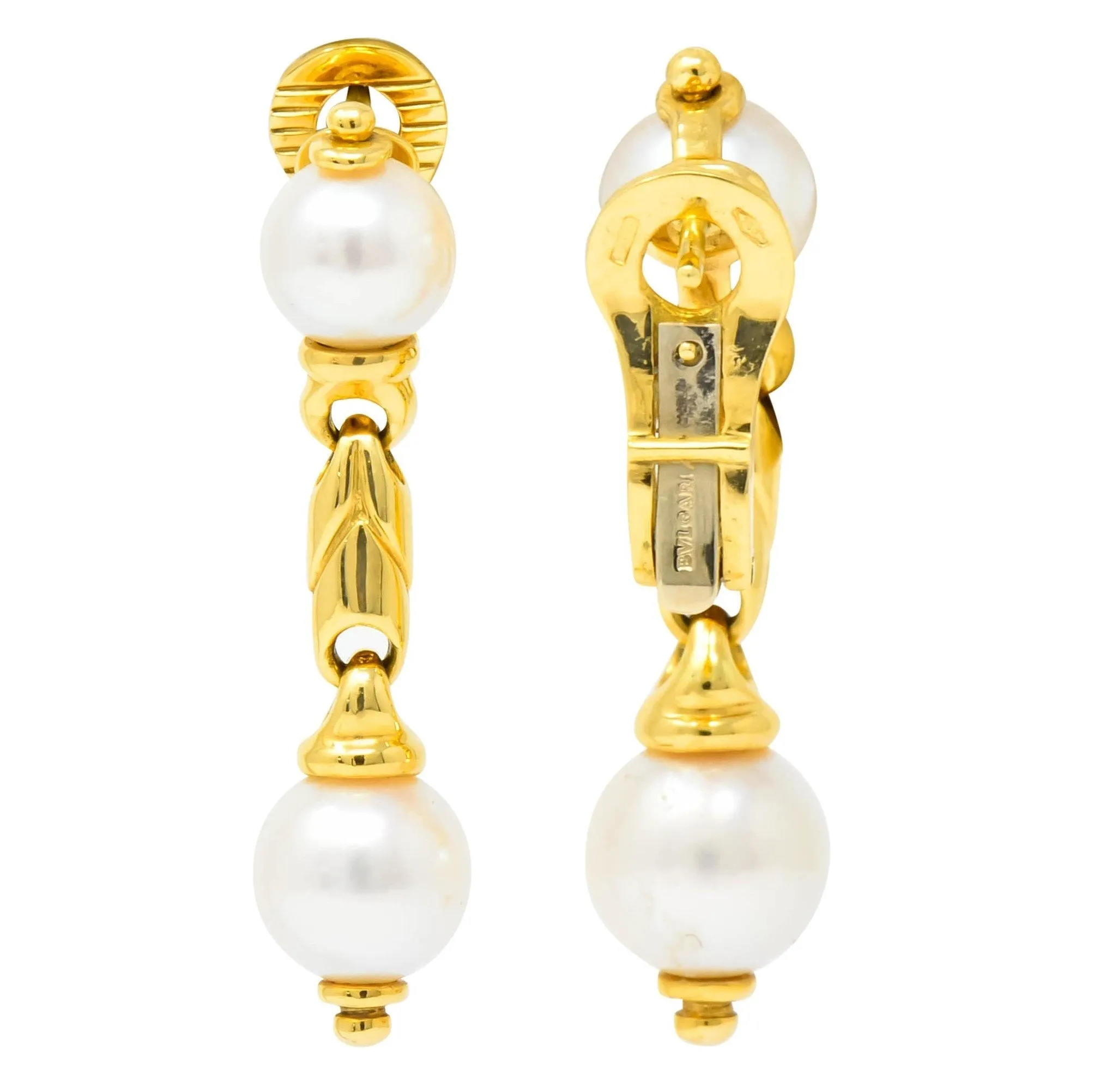 Bulgari Cultured Pearl 18 Karat Yellow Gold Drop Earrings Circa 1980