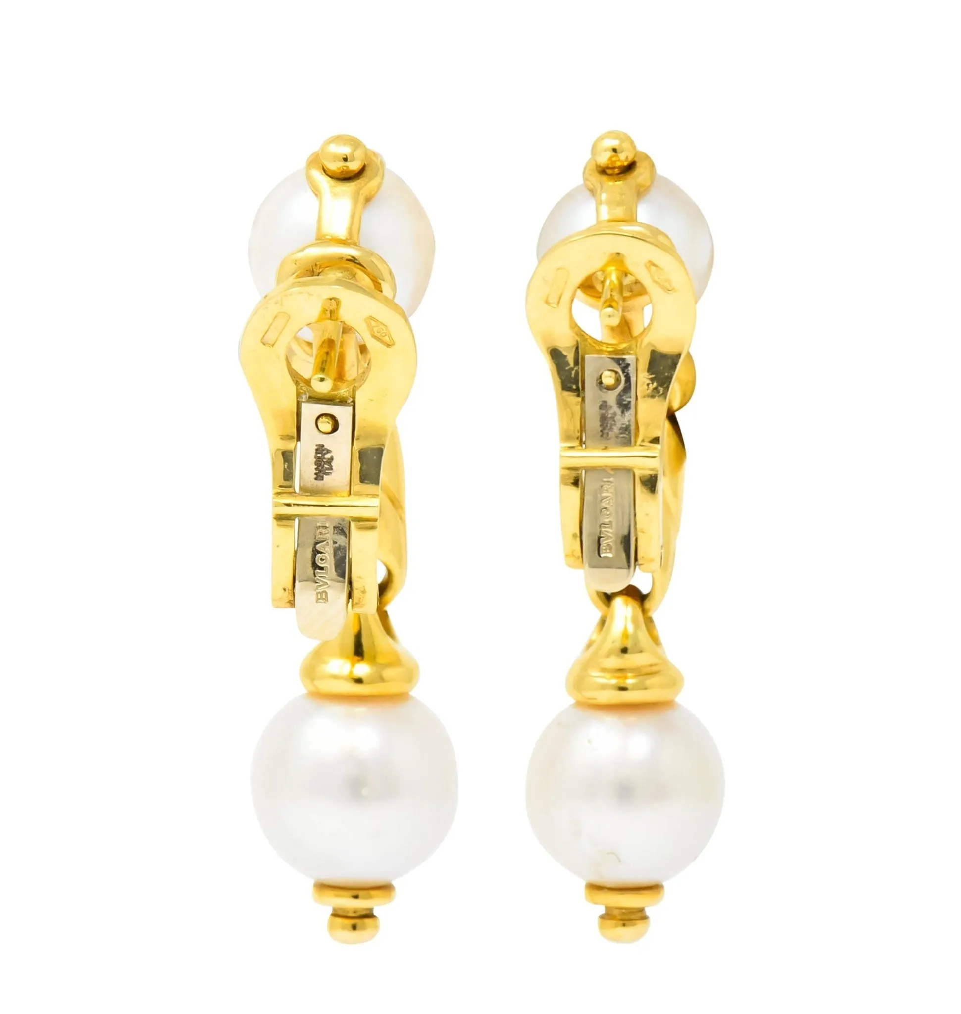 Bulgari Cultured Pearl 18 Karat Yellow Gold Drop Earrings Circa 1980