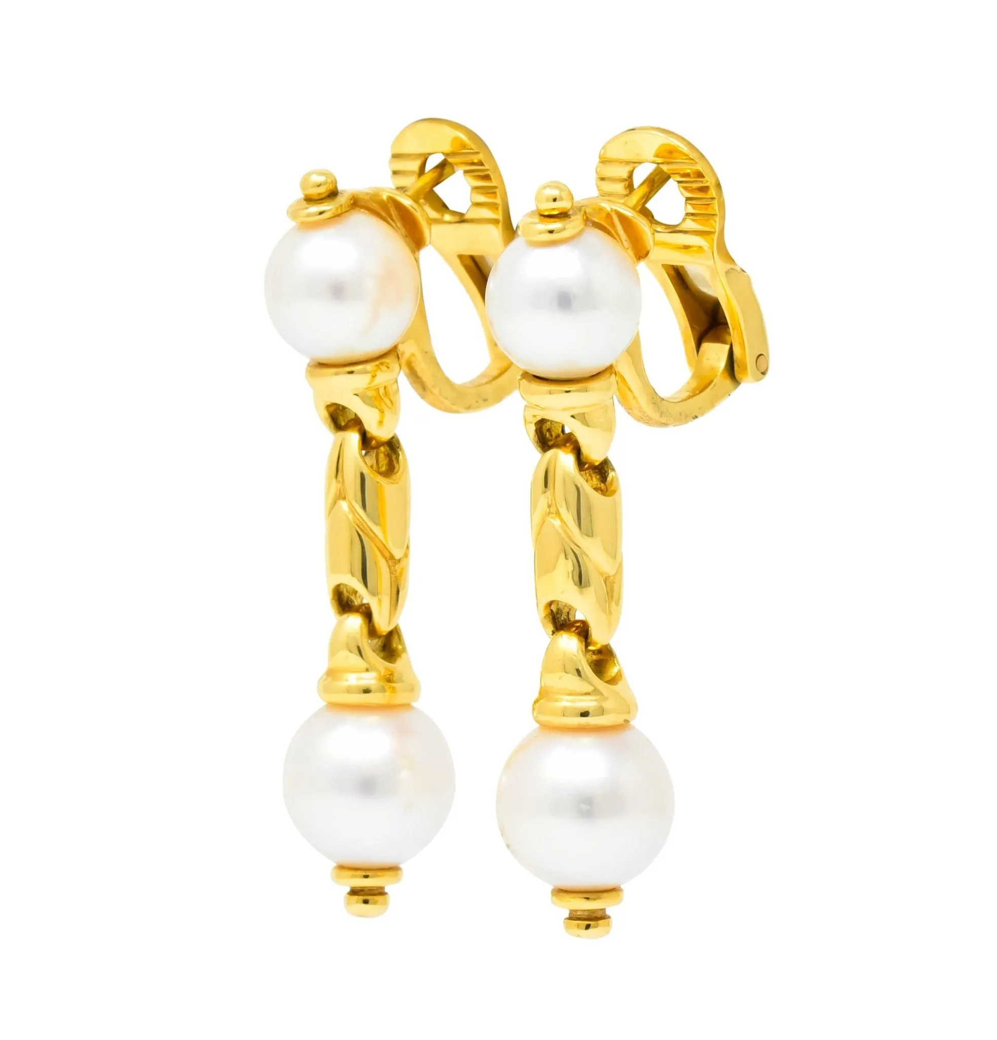 Bulgari Cultured Pearl 18 Karat Yellow Gold Drop Earrings Circa 1980