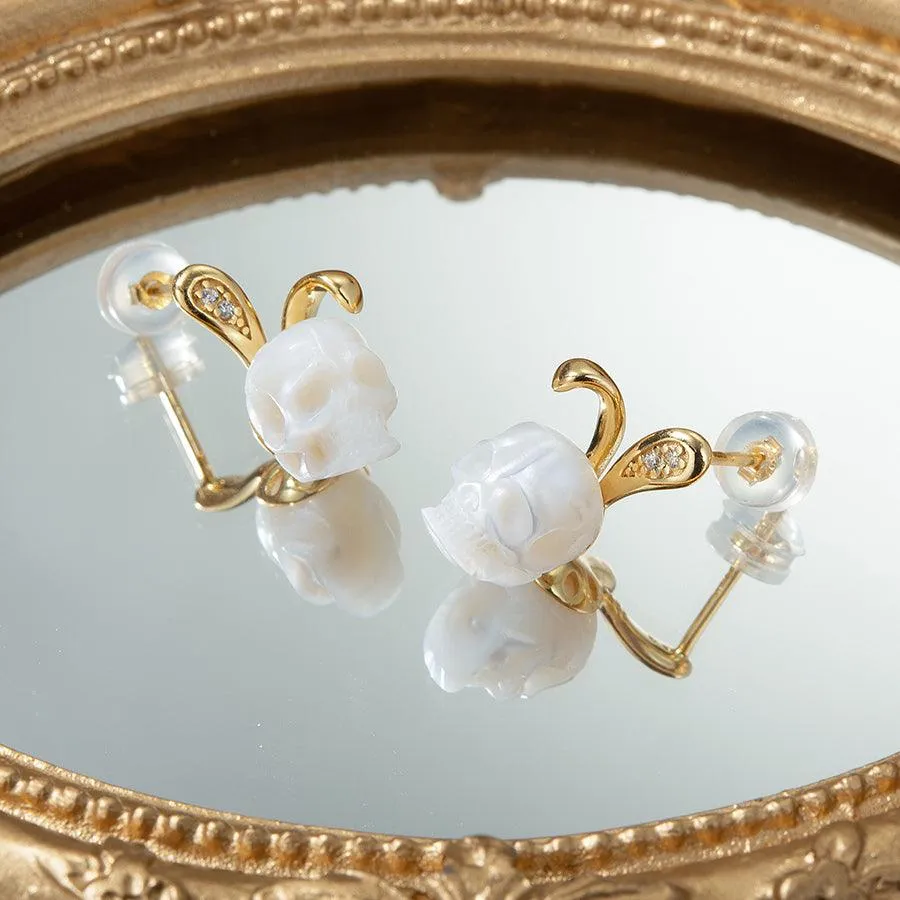 Bunny Ears Pearl Skull Stud Earrings