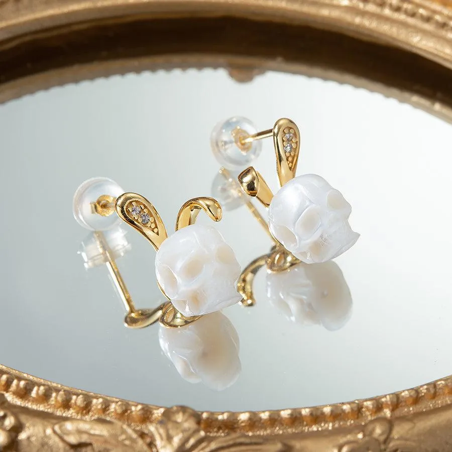 Bunny Ears Pearl Skull Stud Earrings