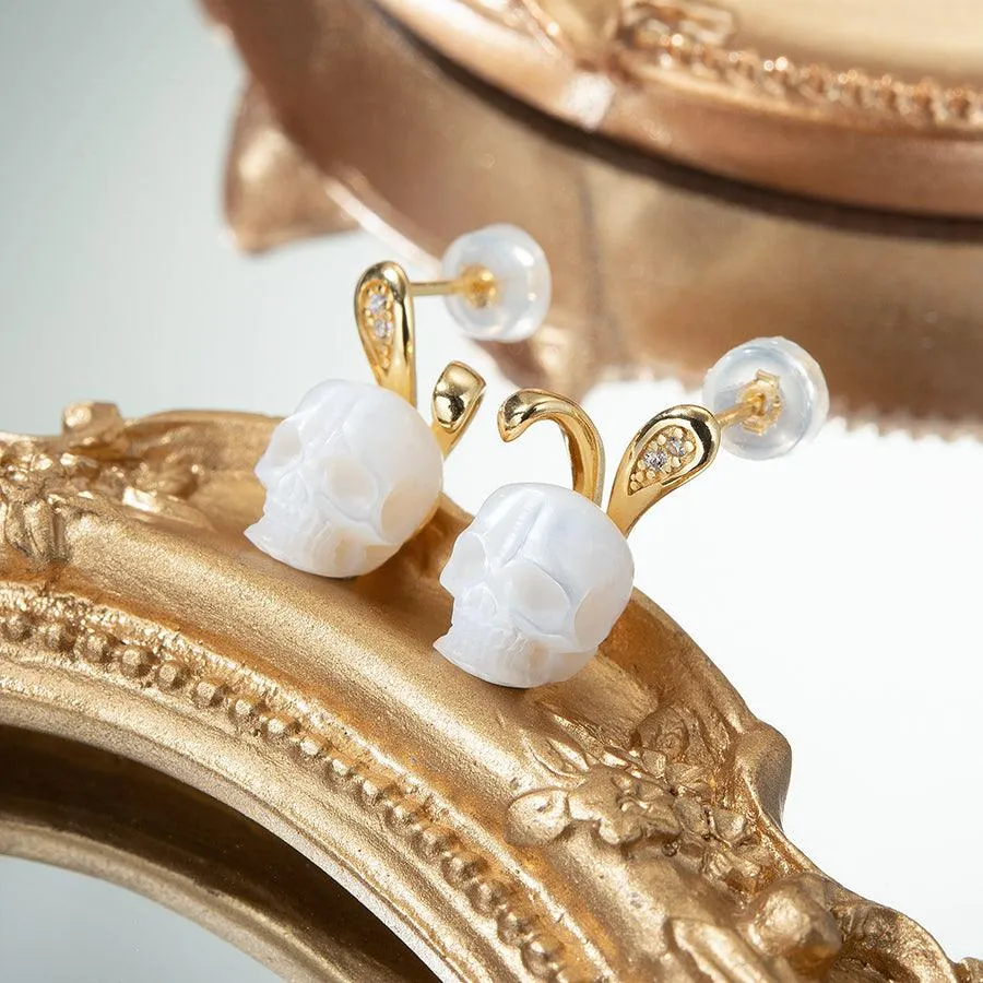 Bunny Ears Pearl Skull Stud Earrings