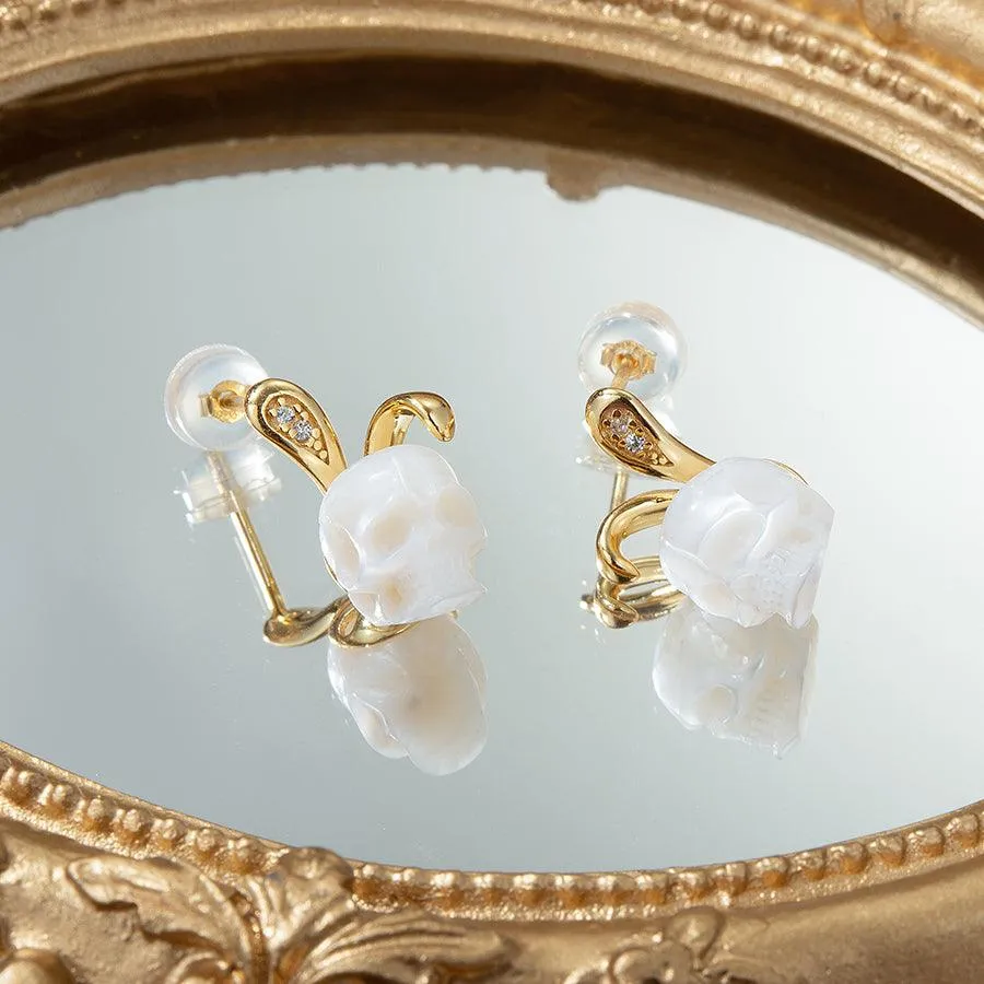 Bunny Ears Pearl Skull Stud Earrings