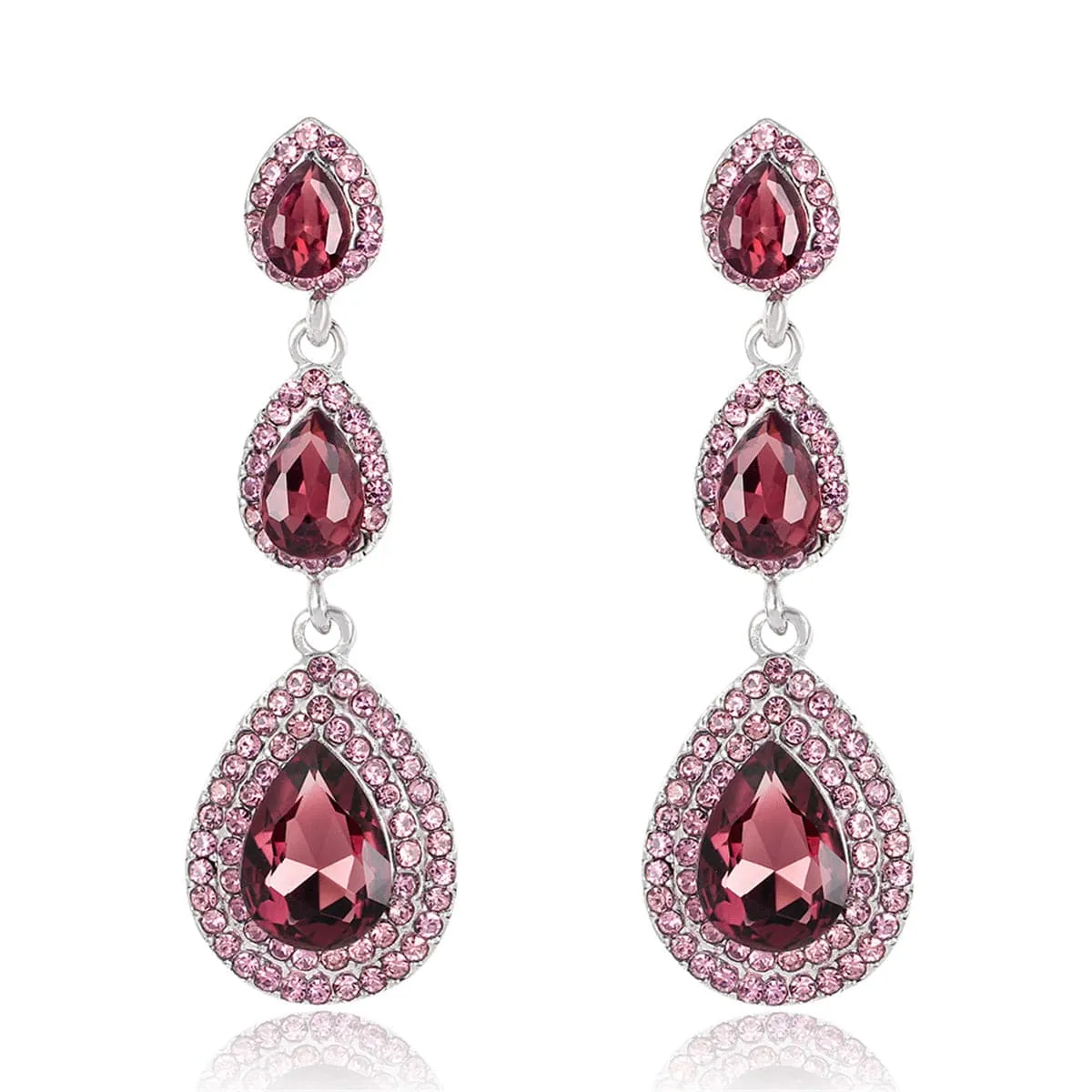 Burgundy Crystal & Cubic Zirconia Halo Stacked Teardrop Earrings