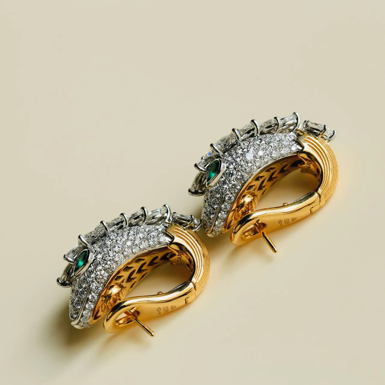 Bvlgari Serpenti Platinum 18K Yellow Gold Diamond Emerald Earrings