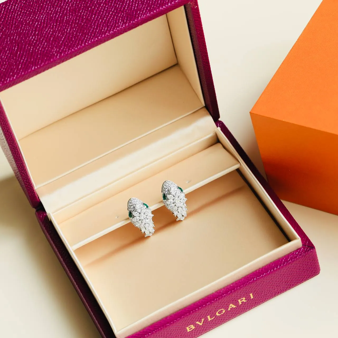 Bvlgari Serpenti Platinum 18K Yellow Gold Diamond Emerald Earrings